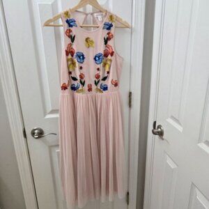 Frock & Frill Midi Dress Medium Embroidered Floral Pink Open Back Cocktail